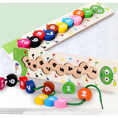 Baby Wooden Montessori Early Education Toy Colorful Number 1-10 Insect Beaded Threading Digital Beading Block Counting Kids Toys