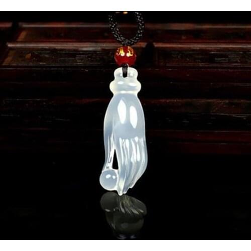 Natural White Chalcedony Agate Fingered citron Pendant Jade Necklace Pendant Zhang shang ming zhu Amulet pendant jewelry