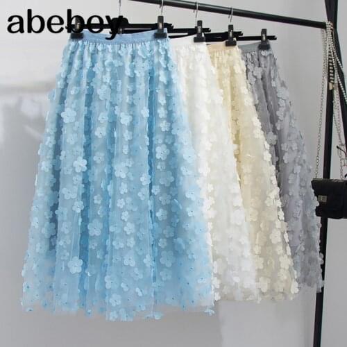 Summer Mesh Long Skirt Beaded Flowers Embroidery A-line Long Tulle Skirt Elegant Voile Appliques Mid-calf Swing Skirts