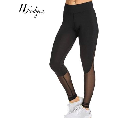 Wendywu Hot Selling Slim Long Pants Casual Mid Waist Mesh Patchwork Black Leggings Women