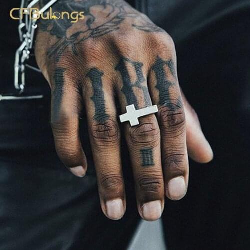 CFBulong Unique Men Glossy Stainless Steel Cross Flat Top Ring Silver Color Black Gold Male Jewelry