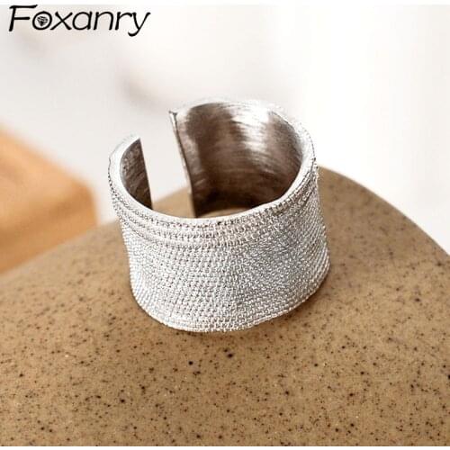 Foxanry INS Fashion 925 Sterling Silver Wide Rings for Women Vintage Popular Design Irregular Texture Charm Party Jewelry Gifts