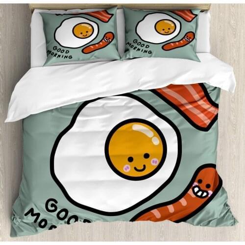 Breakfast Duvet Cover Set Morning Message Egg Bacon Sausages 3 Piece Bedding Set Pale Reseda Green Cinnamon Dark Yellow Charcoal