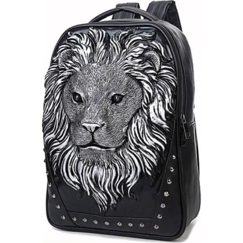 3D Pu punk backpack male animal lion head backpack cool travel computer bag Head Design PU Good quality