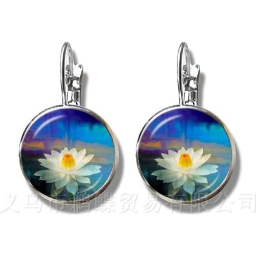 Lotus Flower Earrings Mandala Photo Art Glass Cabochon Silver Plated Stud Earrings Sacred Geometry OM Fashion Jewelry Gift