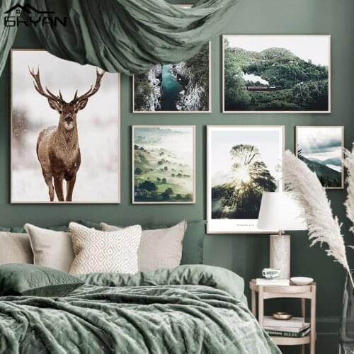 Nordic Forest Deer Morning Sun River Pasture Tree Lake Wall Art Landscape Canvas Print Poster Living Room Painting Decor Picture