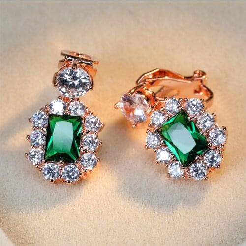 Trendy Female Green Crystal Clip Earrings Cute Silver Color Color Earrings Dainty Rainbow Square Wedding Earrings For Women