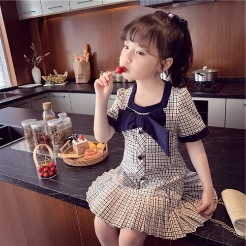 Vintage Girls Plaid Dress Toddler Baby Girls Clothes Cute Bow Button Pleated Dresses for Girls Party Vestidos Children Clothing