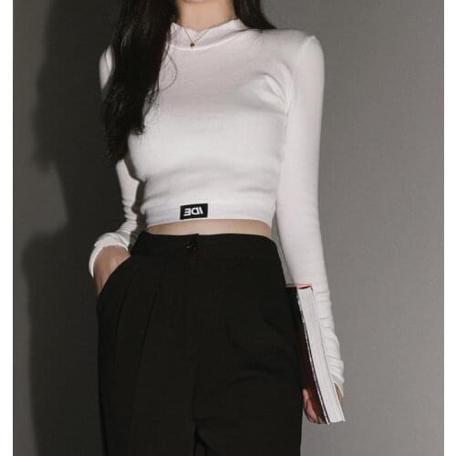Autumn and winter sexy embroidered half-high neck tight-fitting long-sleeved t-shirt womens high-waist short crop top
