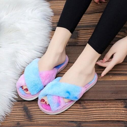 2020 Winter Women House Slippers Faux Fur Slides fluffy Slippers Warm Shoes Woman Slip on Flats Female furry slippers MTX40