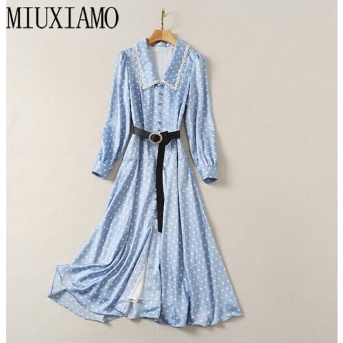 MIUXIMAO Luxurious 2020 Fall Dress Women Party Dress Dot Print Long Sleeve Office Lady Casual Dress Women Vestidos With Belt