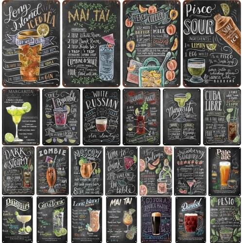 Retro Cocktail Tin Sign Metal Plate Poster Wall Sticker Home Decoration Vintage Martini Mojito Metal Plaque Signs Bar Wall Decor