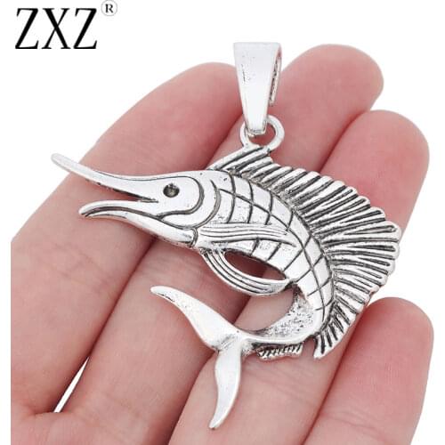ZXZ 2pcs Tibetan Silver Large Marlin Fish Charms Pendants for Necklace Jewelry Making Findings 57x53mm