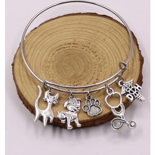 1pcs Vet Bracelet Silver Stethoscope Animal Charms Animal Dog Cat Nurse Bracelet Veterinary Jewelry Gift