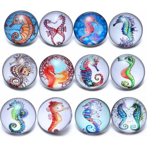 12pcs/lot Seahorse Themes Glass Charms 18mm Snap Button Jewelry For 18mm Snaps Bracelet Snap Jewelry KZ0668