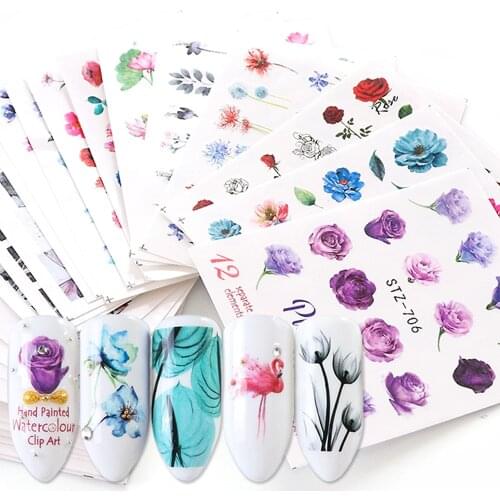 24pcs Flower Water Nail Stickers Decals Daisy Rose Transfer Tip Watermark Flora Painting Slider Manicure Decoration SASTZ683-706