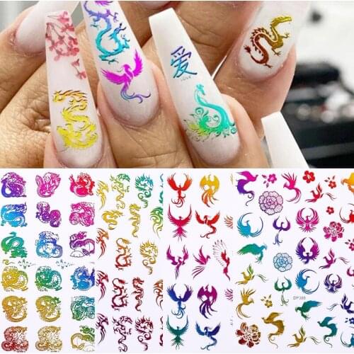 3D Colored Gold Dragon Phoenix Nail Sticker Chinese Style Nail Self Adhesive Slider New Year Nail Decal Manicure Art Decoration