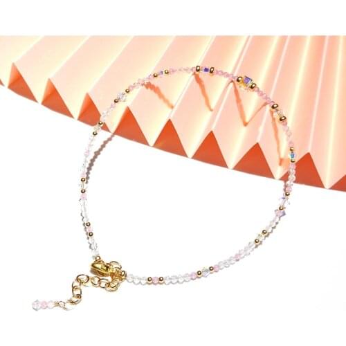 Lii Ji Pink Zircon Natural Clear Quartz Crystal 2mm Tiny Beads Austrian Crystal 14K Gold Filled Anklet Bracelet 24+5cm
