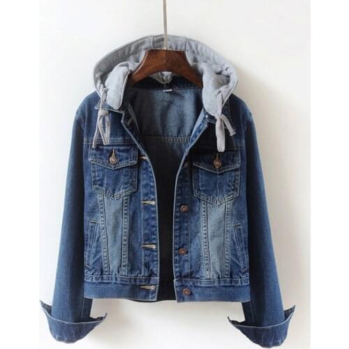 Denim Jacket Hooded Patchwork Solid All Match Slim Short V-neck Pocket Female Casual Outwear Coat Tops