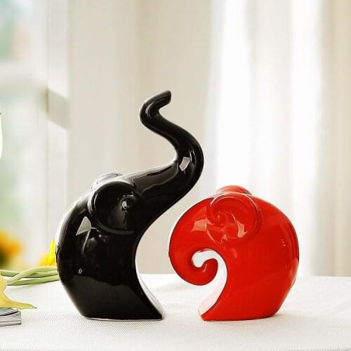 Exquisite Interesting Chinese Modern Porcelain Black Red Cute Elephant Decoration Statues