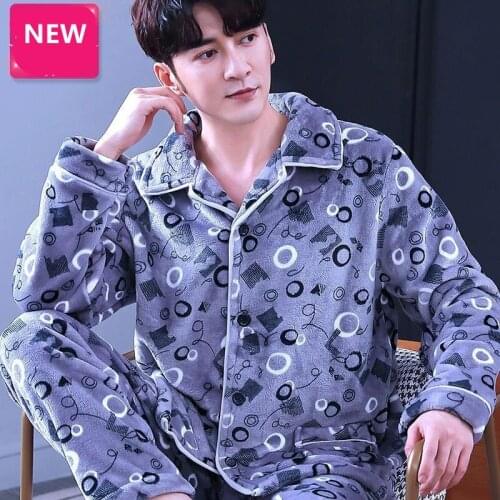 Men Winter Pajamas Flannel Thick Casual Pyjama Man Embroidery Sleepwear Warm Long Shirt Pant Mens Large Sizes kPaCotAkoWka