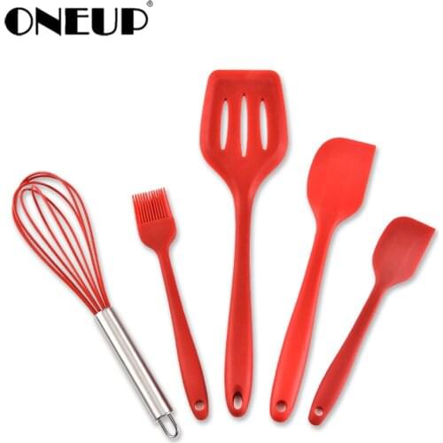 ONEUP 5Pcs/Set Pink/Red/Black Silicone Cooking Tool Sets Egg Beater Spoon Spatula Oil Brush Kitchenware Kitchen Utensils Sets
