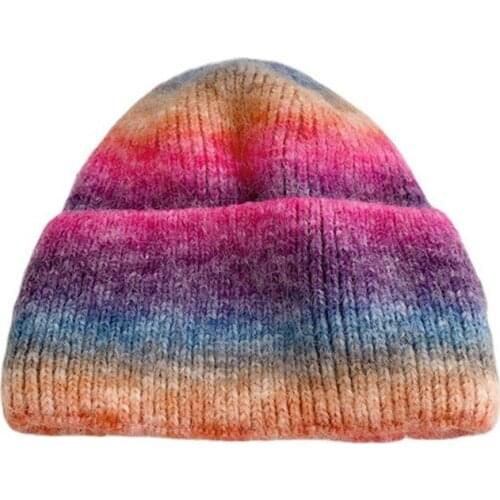 Wholesale 2021 autumn and winter beanie hats men and women warm thick knitted hat rainbow gradient woolen hat with flanging