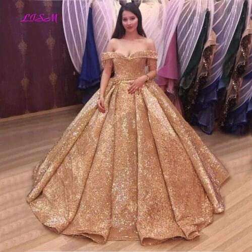 Luxury Ball Gown Sequin Evening Dresses 2021 Green Off Shoulder Women Party Gowns Champagne Prom Dress Long Vestidos