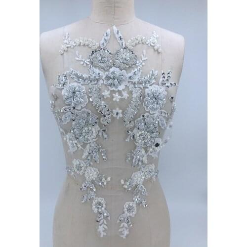 Handmade white Hot drilling Rhinestone pearl lace embroidery patch applique wedding dress bordados DIY Performance clothing