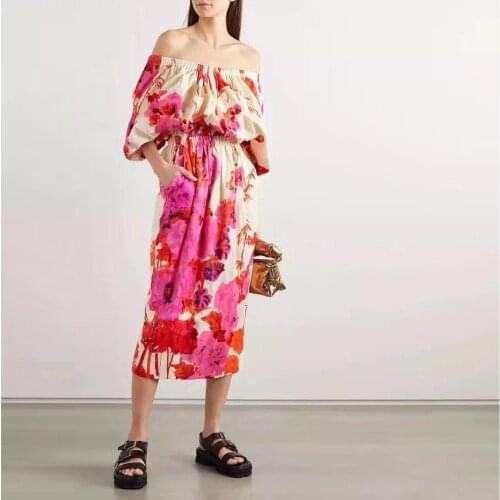 IVY HE Runway Design Floral Print Tie Dye Dress Casual Dress Elastic Waist Sexy Slash Neck Midi Dress Summer Boho Vestidos Eam