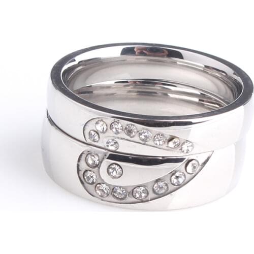 Silver color rhinestone lovers heart 316L Stainless Steel rings for men women wholesale