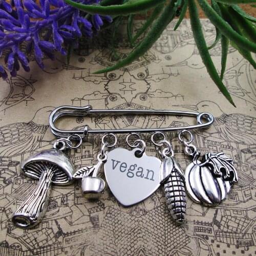Vegan vegetarian charm brooch silver plated charm brooch gift birthday