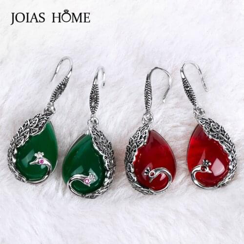 JoiasHome vintage Silver 925 Jewelry drop earrings for charm lady with Emerald ruby Gemstones Peacock Shaped Wedding Party Gift