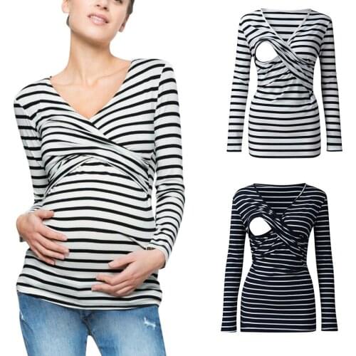 Female T-shirt Blouse Ladies Pregnant Women Breastfeeding Stripe Long Sleeve Blouse Tops Shirt Clothes For Pregnant Women