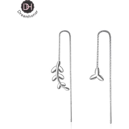 Dreamhonor Fashion Female Long Ear Line 925 Silver Earrings Sweet Leaf Asymmetry Earrings Jewelry