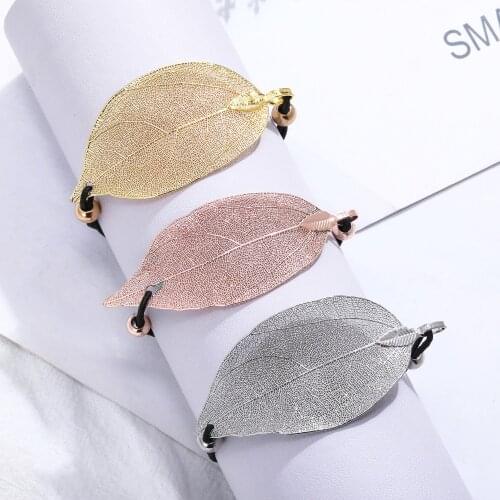 Real Natural Leaf Charm Bracelets Bangles Black Rope 15-22cm Adjustable Bracelet Gold Silver Color Trendy jewelry for Women 2020