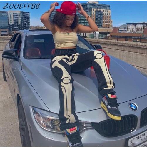 ZOOEFFBB Skeleton Patterned Low Rise Jeans Women Streetwear Black Cyber Y2k Goth Pants Fall 2021 Cute Luxury Denim Trousers