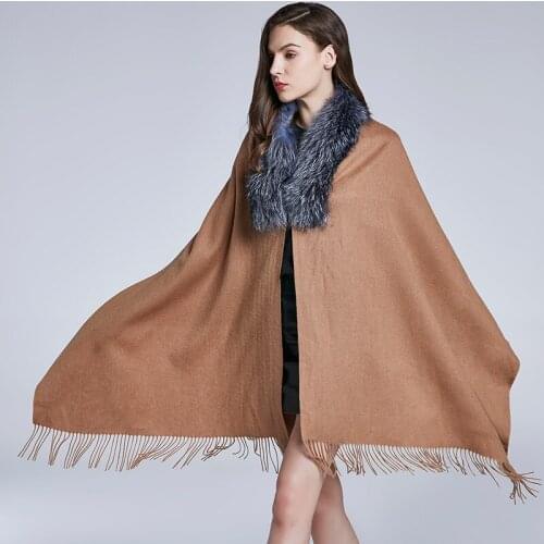 JKP NEW Women Real silve fox Fur collar Scarves Woolen Shawls with Tassel Skin Luxury Elegant Women Solid Cashmere Shawll
