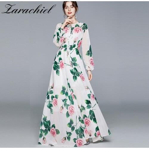 2020 New Autumn Runway Designer Flower Maxi Dress Women Long Sleeve Rose Floral Print Elastic Waist Chiffon Holiday Long Dress