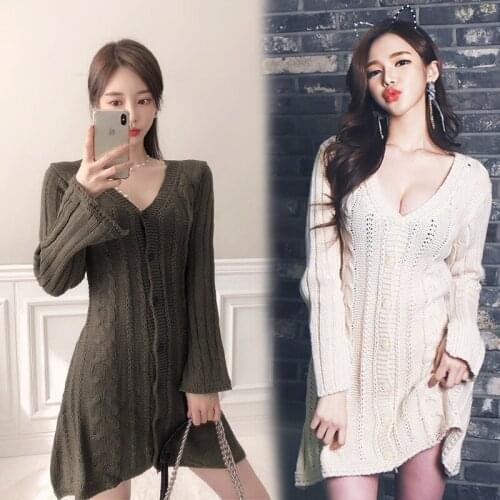 Korean Womens Autumn Single-breasted Knitted Sweaters Dress Ladies Long Sleeve Sexy V-Neck Elegant Club Party Knit Dress Clothes