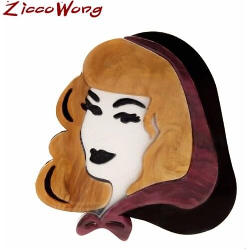 ZiccoWong Elegant Lady With Purple Hair Acrylic Brooch Pin Resin Black Eyes Lip Girl Badge Brooch Pins Women Party Wedding Gift