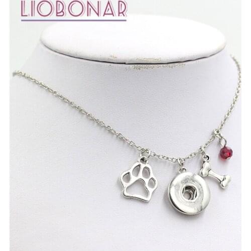 1PC Paw Print Pendants Necklace 12 Birthstone Charm Animal Dog Bone Paw Print Snap Necklace Fit 18mm Button Jewelry