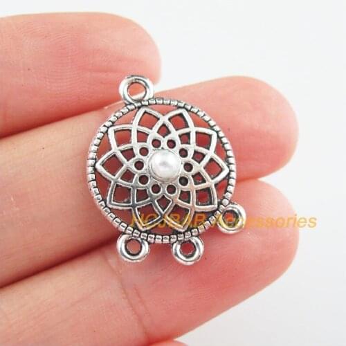 20Pcs Tibetan Silver Tone Retro Flower Sknot White Bead Charms Connectors 18x24.5mm