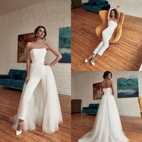 2021 Jumpsuit Bohemian Wedding Dress With Detachable Train Strapless Wedding Dress Custom Made Pants Suit Cheap Bridal Dress