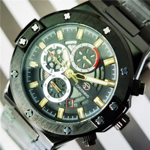 Forsining Black Men Mechanical Watches Automatic Race Car Date Multifunction 3 Sub Dial Luminous Hand Man Clock Relogio Mecanico