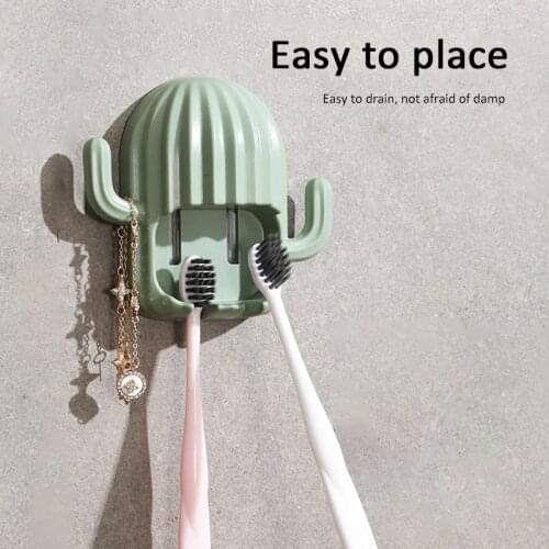 Punch-free Toothbrush Holder Wall-Mounted Toothbrush Holder Cute Cactus Multifunctional Drain Rack Kitchen Bathroom Accessories