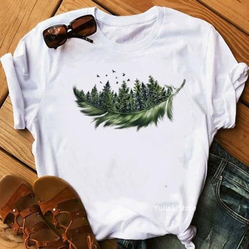 T-Shirt For Women Feather Bird Print Tshirt Femme Funny T Shirt Female Harajuku Shirt Kawaii Aesthetic Clothes Streetwear
