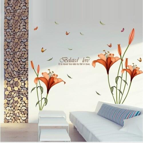 Blooming Orchid Lily Flower With Butterfly Wall Stickers For Living Room Bedroom Decoration Diy Plant Mural Art Home Decals