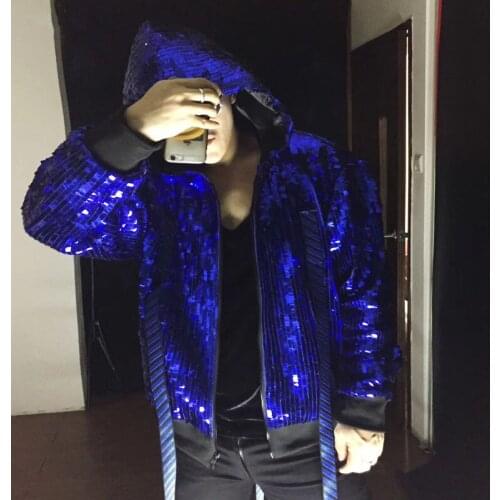 Male Nightclub Male Singer Dj Ds Jacket Hiphop Navy Blue Mirror Jacket Loose Ribbon Jacket Rave Clothes Gogo Costume XS2587