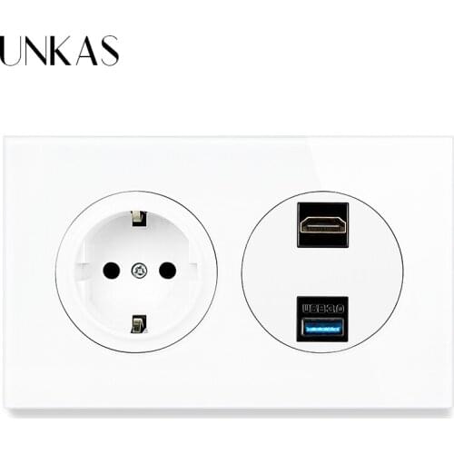 UNKAS HDMI-Compatible 2.0 USB 3.0 Port 16A EU Standard Wall Power Socket Luxurious Crystal Glass And Black Aluminum Panel Outlet
